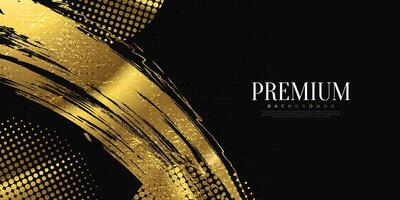 Luxury Gold Grunge Brush Strokes with Texture and Halftone Effect Isolated on Black Background. Brush Stroke Illustration for Banner, Poster, or Sports. Scratch and Texture Elements For Design vector