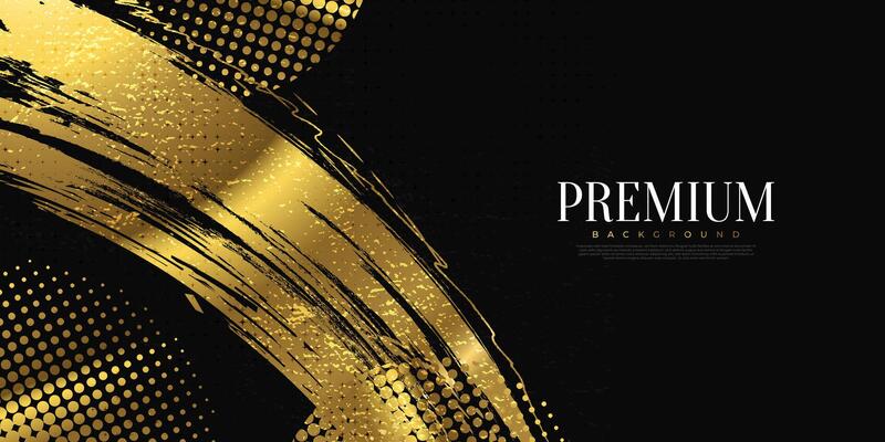 Luxury Gold Grunge Brush Strokes with Texture and Halftone Effect Isolated on Black Background. Brush Stroke Illustration for Banner, Poster, or Sports. Scratch and Texture Elements For Design