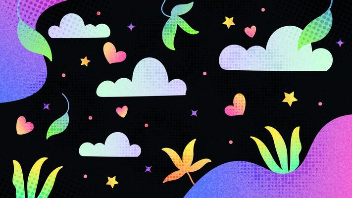 Fun and Colorful Creative Background with Clouds, Stars, Hearts and Flowers. Vibrant Gradient Background for Kids or Party Celebration