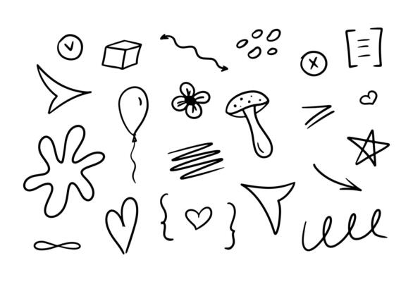 Hand drawn kid icon sketch. Doodle cute elements flower, heart, letter, arrow, line, cloud. Childish element set.