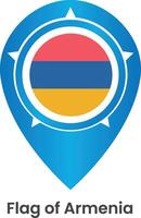 Pinpoint icon with Armenia national flag isolated on white background. Map pointer symbol for website, gps navigator, apps. Illustration in flat design. Location marker. Geolocation mark on the map vector