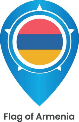 Pinpoint icon with Armenia national flag isolated on white background. Map pointer symbol for website, gps navigator, apps. Illustration in flat design. Location marker. Geolocation mark on the map