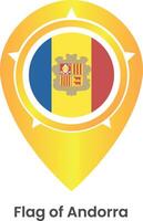 determinar con precisión icono con andorra nacional bandera aislado en blanco antecedentes. mapa puntero símbolo para sitio web, GPS navegador, aplicaciones ilustración en plano diseño. vector