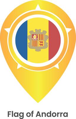 Pinpoint icon with Andorra national flag isolated on white background. Map pointer symbol for website, gps navigator, apps. Illustration in flat design.