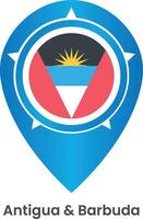 determinar con precisión icono con antigua y barbuda nacional bandera aislado en blanco antecedentes. mapa puntero símbolo para sitio web, GPS navegador, aplicaciones vector
