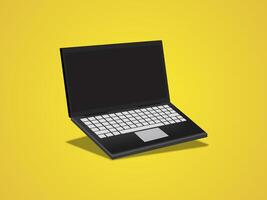 Realistic perspective front laptop with keyboard isolated incline 45 degree. Computer notebook with black screen template. Front view of mobile computer on yellow background. Digital equipment cutout. vector