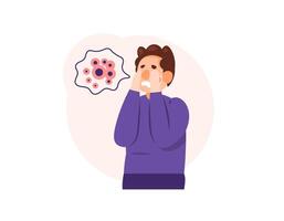 Illustration of a frightened man who sees a hollow pattern. Cover the face with hands for fear. suffering from Trypophobia. anxiety disorders. character illustrations. graphic elements vector