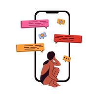 Doomscrolling at social media concept. Dependence on Internet, information and content. Gadget addiction. Illustration of the people fallen into a smartphone. vector