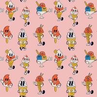Seamless pattern with cartoon ice creams figure exuding joy and cheerfulness, reminiscent of classic animations from the 60s and 70s vector