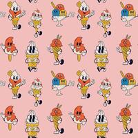 Seamless pattern with cartoon ice creams figure exuding joy and cheerfulness, reminiscent of classic animations from the 60s and 70s vector