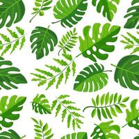 seamless pattern of vibrant green leaves on a white background. Various leaf shapes and sizes create a fresh, natural, and tropical appearance, perfect for eco-friendly or botanical projects vector