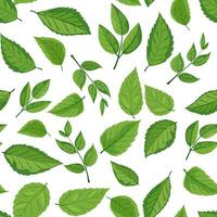 seamless pattern features various shades and shapes of green leaves against a white background. Perfect for nature-themed designs, eco-friendly packaging, and botanical illustrations vector