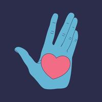 Hand holding a heart on open palm. Hand with a heart on blue background vector