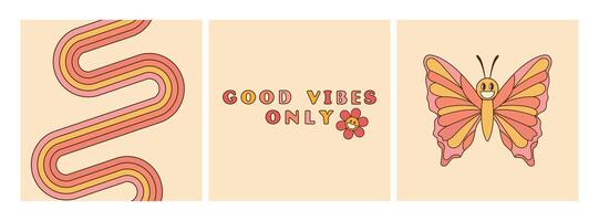 Good vibes only slogan groovy backgrounds set. Bright rainbow and smiling butterfly. 70 s Hippie retro style. illustration vector