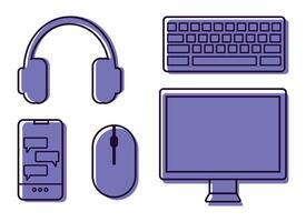 Technology home office line icons set. Computer monitor, keyboard, mouse, headphones and smartphone icons. illustration vector