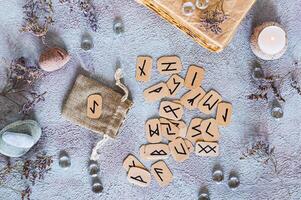 Scandinavian runes for fortune telling made of cardboard on the table next to the bag top view photo