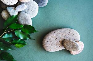 Organic natural background of leaves and stones on green top view photo