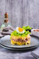 Appetizing salad of canned tuna, potatoes, cheese, lettuce and eggs on a plate vertical view photo