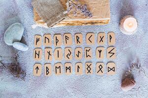 Scandinavian runes for fortune telling are in three rows, a book and a candle on the table top view photo