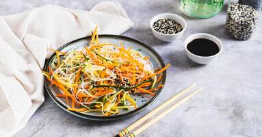 Appetizing salad of funchose, carrots, cucumber and sesame on a plate web banner photo