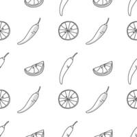 Seamless pattern with slice lime and chillies, outline hand drawn. vector