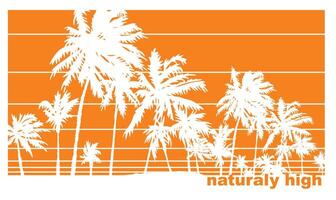 Coastal landscape illustration with silhouette of coconut trees. Art in graphic style. vector