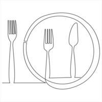 Continuous single drawing of knife fork spoon outline illustration vector