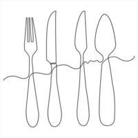 Continuous single drawing of knife fork spoon outline illustration vector