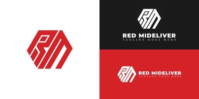 Abstract initial hexagon letter RM or MR logo in red color isolated on multiple background colors. The logo is suitable for transportation and logistic company logo design inspiration templates. vector
