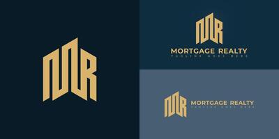 Abstract initial hexagon letter MR or RM logo in gold color isolated on multiple background colors. The logo is suitable for commercial real estate firm business logo design inspiration templates. vector