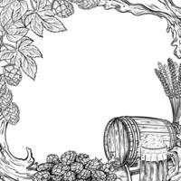A frame with a mug of beer, a barrel, grain malt, hops. Ingredients for brewing. An illustration with black and white graphics. For label design, packaging, beer production poster, oktoberfest. vector