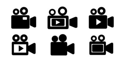 Set of flat design camera icons with cinema camera, film camera, play button. Multimedia icons in black on a white background. vector