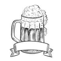 a liter beer mug with a label for the inscription is made of glass. black and white graphics. A hand-drawn design element highlighted on a white background. For pub or restaurant menus, labels. vector