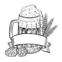 Beer glass, hops, malt, beer label. An illustration with black and white graphics drawn by hand. Highlighted on a white background. For the design of labels, packages, poster of the Oktoberfest vector