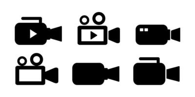 cine cámara íconos conjunto en negro. íconos con cámara símbolo, película cámara, jugar botón. vector