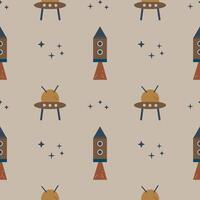 Children's boho seamless pattern with rocket, stars, space motif. Repeating gray brown background for boys in bohemian style for textile, card, poster, wallpaper, fabric Hand drawn illustration vector