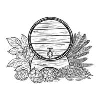 Wooden beer barrel, hops and malt. Black and white illustration, hand-made in the style of engraving. Great for bar or restaurant menus, labels, oktoberfest poster. For packaging and invitation vector