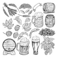 A set with beer elements. Wooden barrels and beer mugs, malt and hops. Hand-drawn illustrations with black and white graphics. Clipart for the design of labels, packages, oktoberfest posters. vector