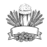 Beer glass, hops, malt, beer label. An illustration with black and white graphics drawn by hand. Highlighted on a white background. For the design of labels, packages, poster of the Oktoberfest vector