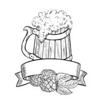 A wooden beer mug and a hop plant. black and white hand-drawn graphics. A design element highlighted on a white background. For bar or restaurant menus, labels, posters, Oktoberfest logo. vector