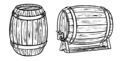 de madera barril. mano dibujado Clásico ilustración en grabado estilo. alcohol, vino, cerveza o whisky antiguo madera barrilete. genial para pub o restaurante menú, etiqueta, póster, logo. vector