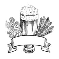 Beer glass, hops, malt, beer label. An illustration with black and white graphics drawn by hand. Highlighted on a white background. For the design of labels, packages, poster of the Oktoberfest vector