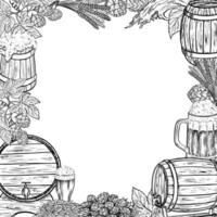 A frame with a mug of beer, a barrel, grain malt, hops. Ingredients for brewing. An illustration with black and white graphics. For label design, packaging, beer production poster, oktoberfest. vector