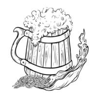 Wooden beer mug, splash and malt. black and white hand-drawn illustration on a white background. A design element for a pub or restaurant menu, label and poster, logo and packaging. vector