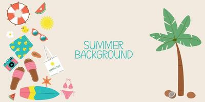 Summer social media post template with space for text. Advertising content. Colorful summer background for poster, invitation and cover with tropical leaves, shapes and textures vector