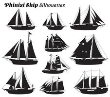 Collection of illustrations of phinisi ship silhouettes vector