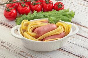 Mini sausages with pasta spaghetti photo