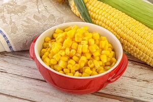 Canned yellow corn in the bowl photo