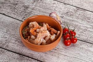 Raw peeled prawn in the bowl photo