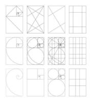 Golden ratio set. Method golden sections theory. Fibonacci array and numbers. Harmony proportions. Outline template. Graphic illustration. vector